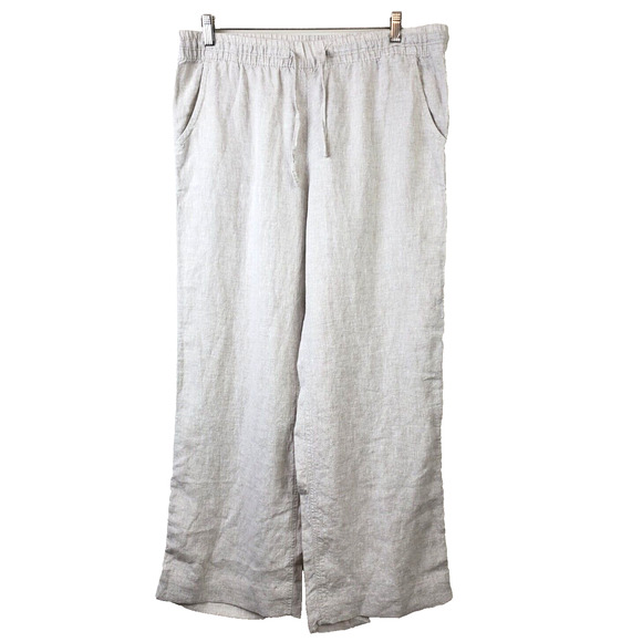 L.L. Bean Pants Womens 14 Beige Linen Elastic Waist Wide Leg Pockets Neutral - Picture 1 of 10